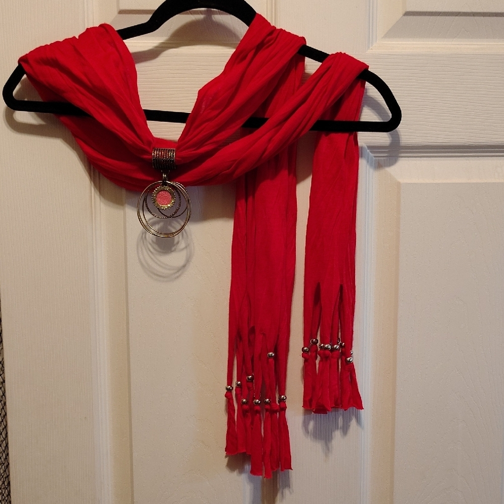 Vibrant Red Knitted Wrap with Fringed Ends